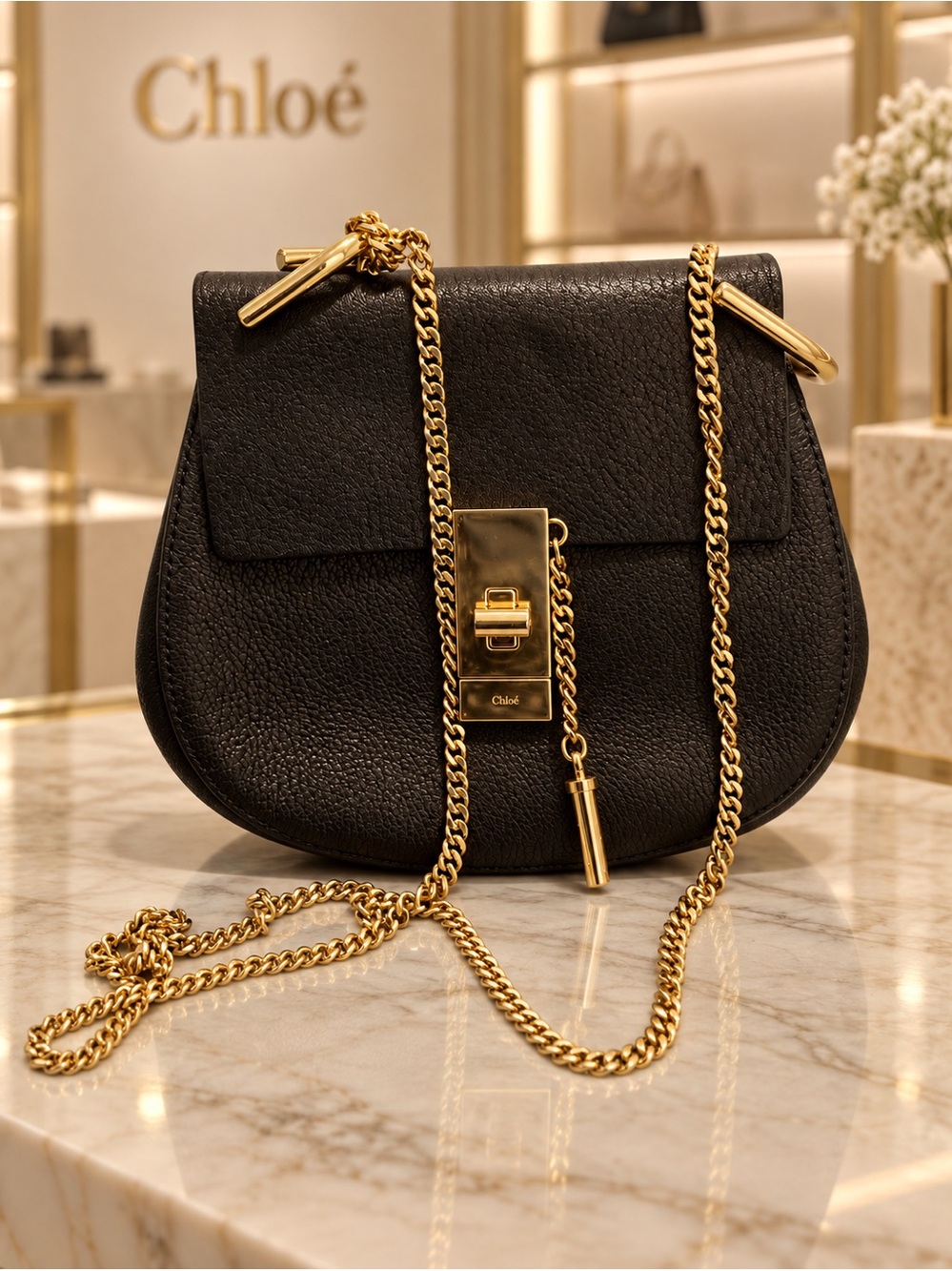 Chloe Drew Mini Dark Navy Grained Leather Shoulder Bag Gold Hardware